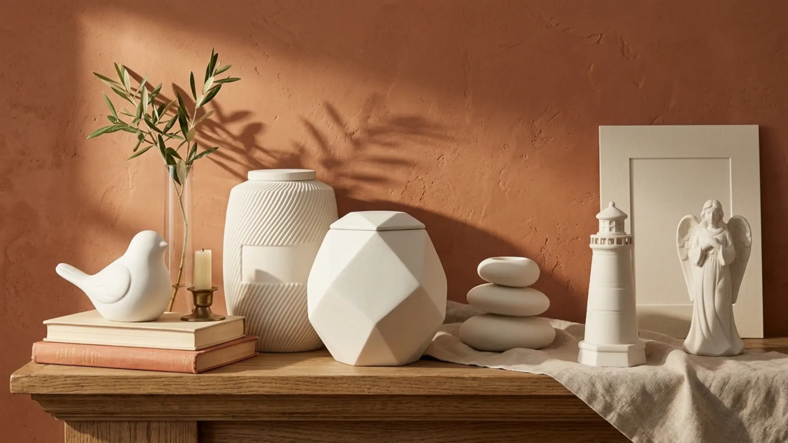 A gathering of soft stone-white engineered ceramic memorial pieces on a warm oak console against a terracotta wall