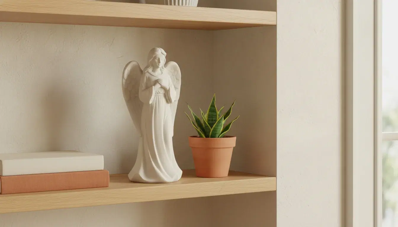 A soft stone-white engineered ceramic guardian angel keepsake on an oak shelf in soft daylight