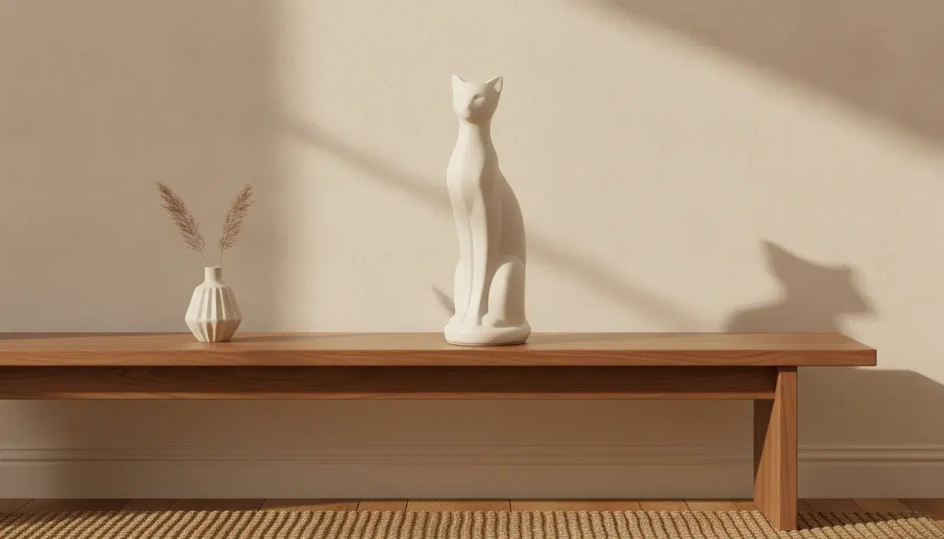 A tall, elongated soft stone-white engineered ceramic cat urn on a warm oak bench