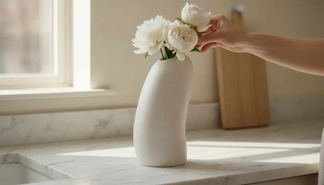 A sculpted soft stone-white engineered ceramic vessel urn in daylight
